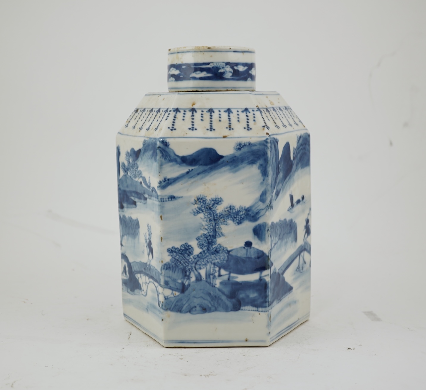 A Chinese blue and white ‘landscape’ hexagonal jar and cover, late 19th century